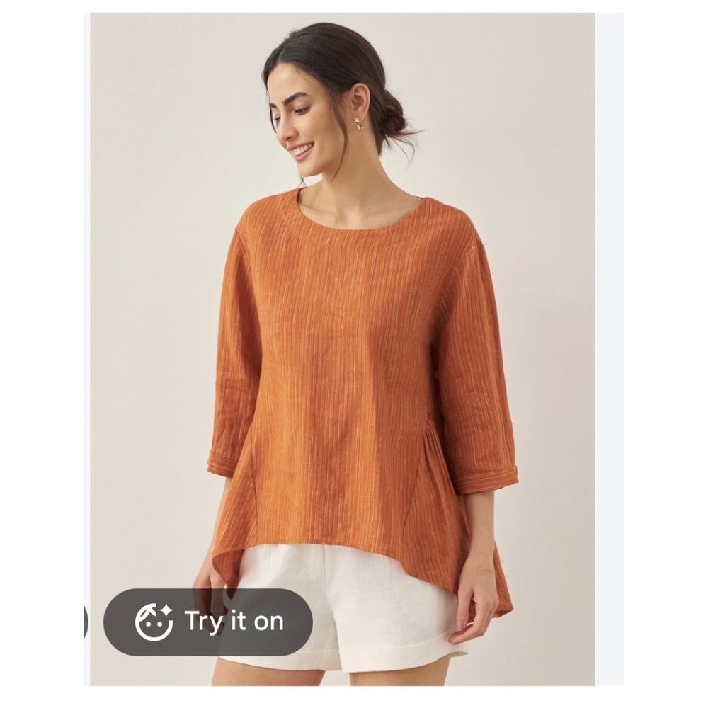 Lintico Orange Pinstripe 100% Linen Tunic Top 3/4 Sleeve Babydoll High Low M